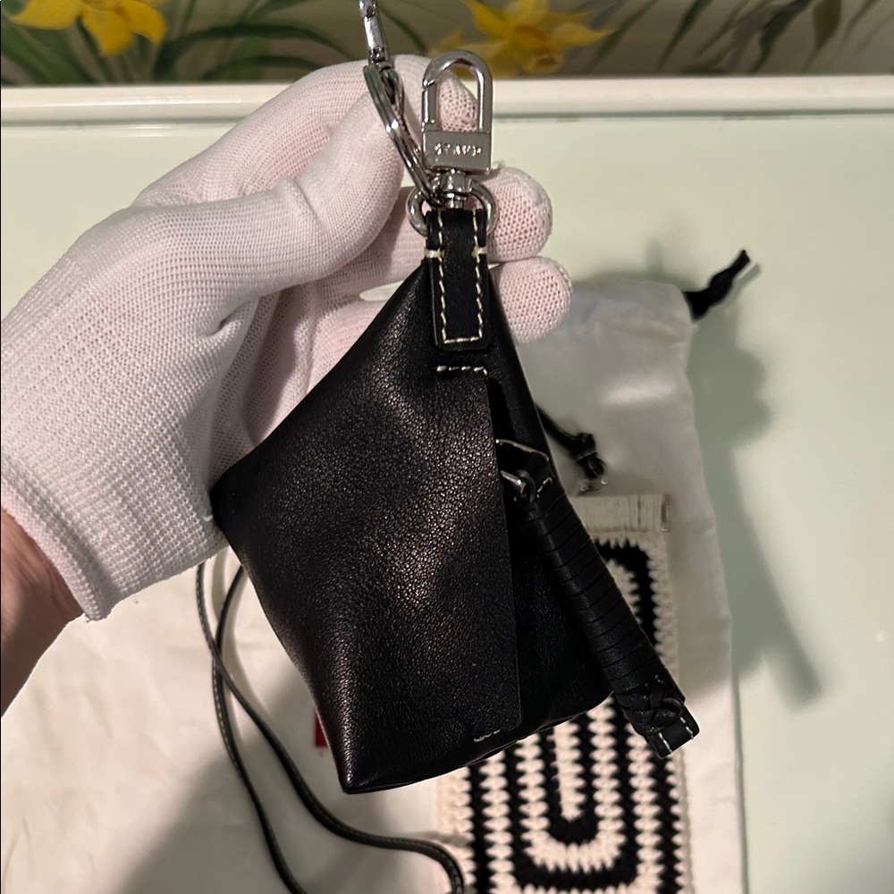 NWOT STAUD Artisanal Black & Cream Crochet Pouch & Black Leather Mini Bag Charm. - Picture 3 of 15